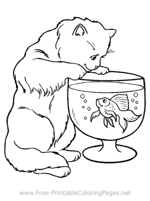 Cat and Fish Bowl Coloring Page